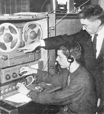 Fred Imm K8EVB at the controls to make a dub,
onto a 7-inch reel machine (not shown)
as Mike Stimac W8KTZ starts the tape.